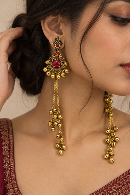 Premium Gold-Toned Red Stone Long Chain Jhumka Earrings
