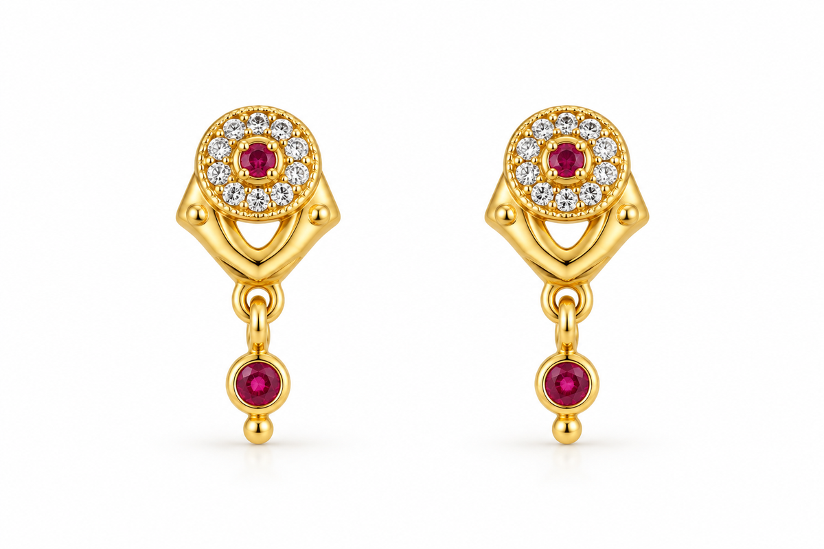 Premium Gold-Toned Ruby Crystal Drop Stud Earrings