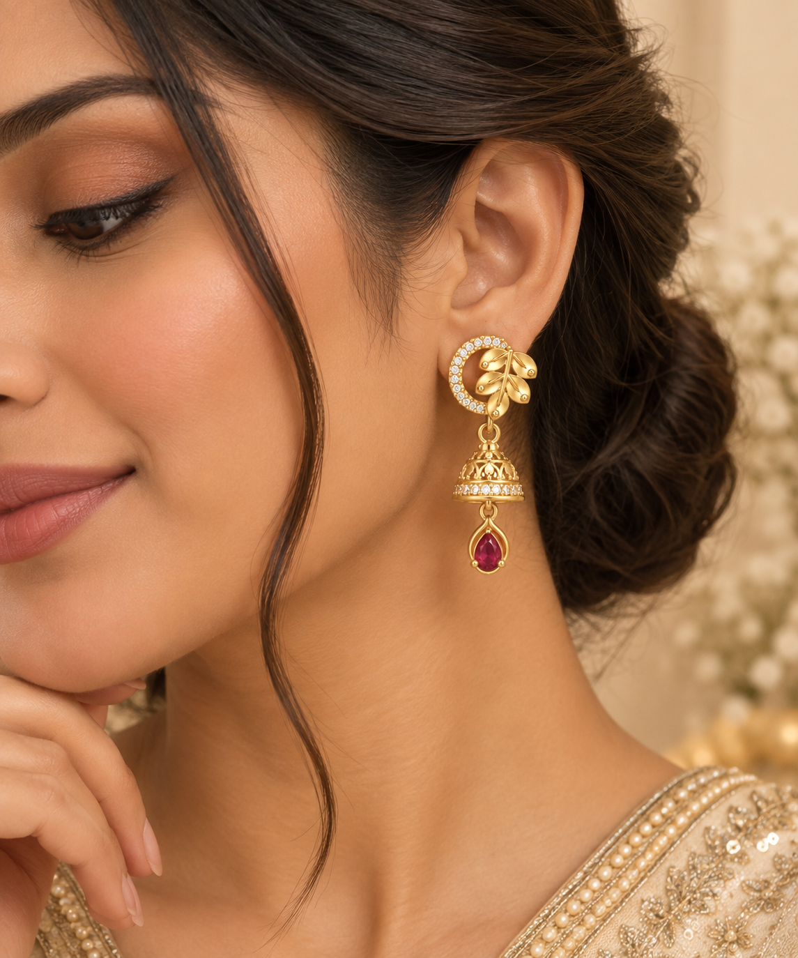 Premium Gold-Toned Floral Jhumka Drop Earrings with Ruby Accents