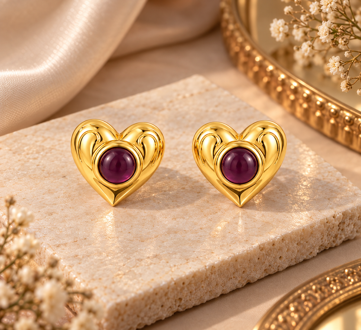 Elegant Gold-Toned Purple Heart Stud Earrings