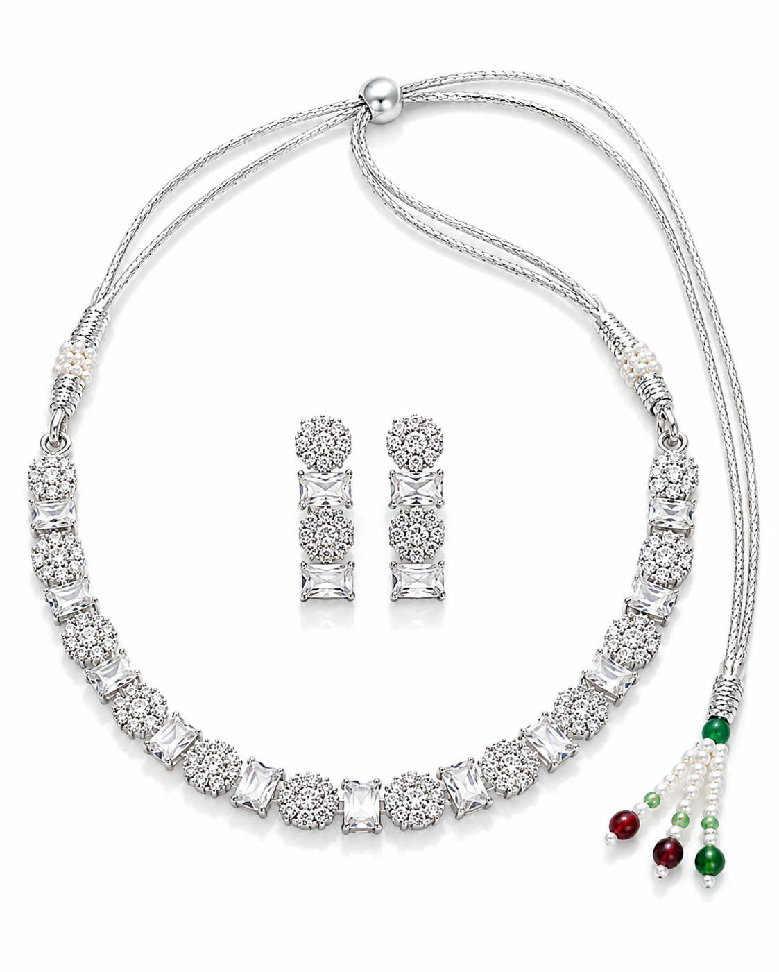 Silver-Toned Crystal Statement Necklace Set