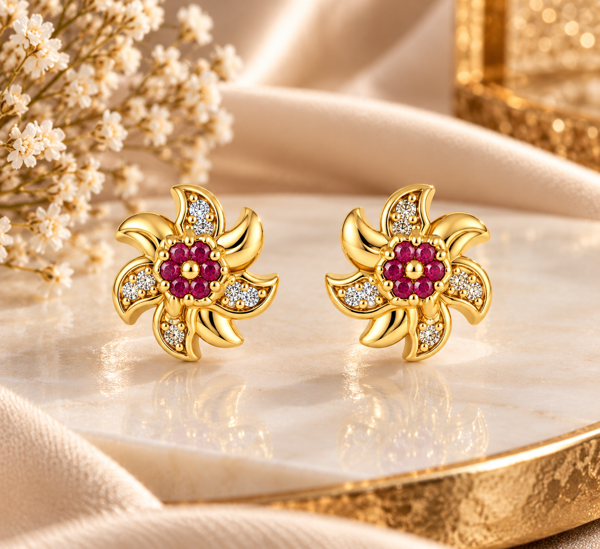 Gold-Toned Floral Ruby Stud Earrings
