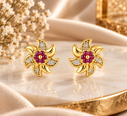 Gold-Toned Floral Ruby Stud Earrings