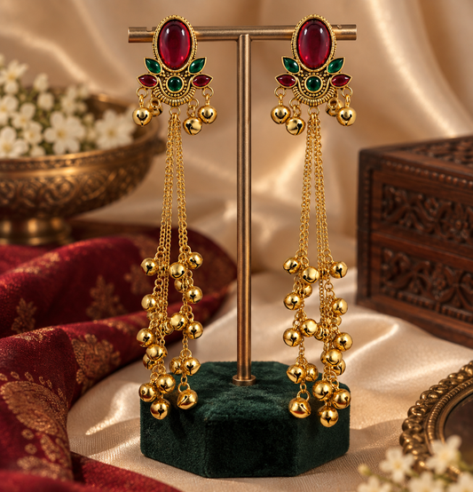 Premium Gold-Toned Multicolour Stone Long Chain Jhumka Earrings
