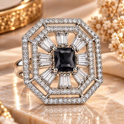 Black Onyx Octagonal Halo Statement Ring