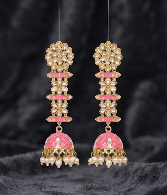 Premium Pink Enamel Kundan Floral Jhumka Earrings