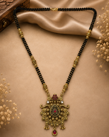 Antique Gold-Toned Black Beaded Statement Mangalsutra
