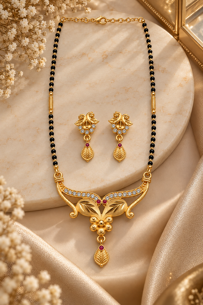 Gold-Toned Black Beaded Necklace & Earring Set