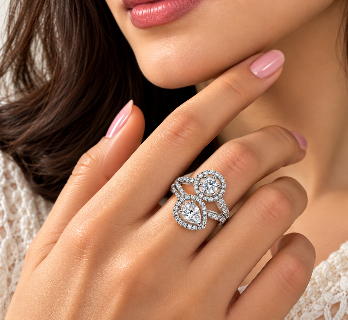 Crystal Double Halo Geometric Statement Ring