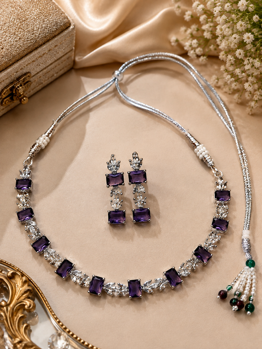 Silver-Toned Purple Stone Necklace Set