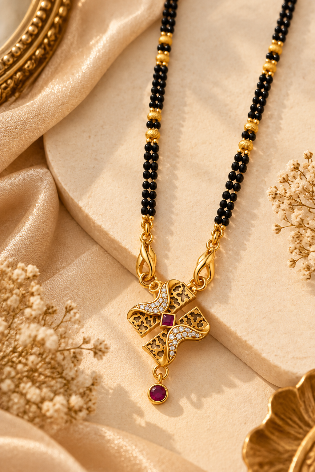Elegant Black-Beaded Mangalsutra with Bow-Shaped Pendant