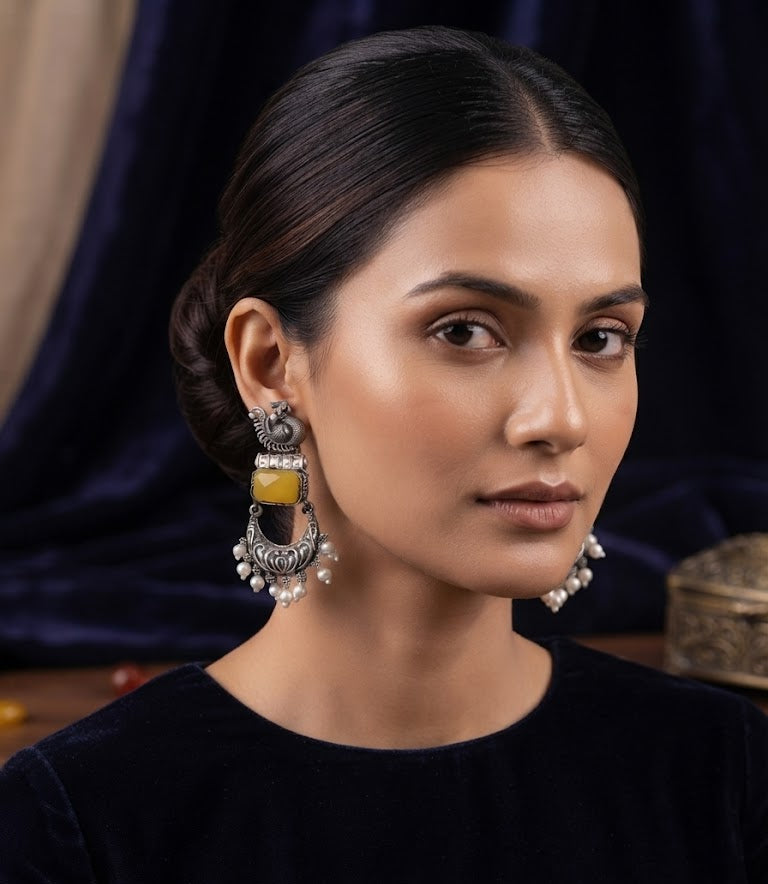Premium Oxidized Silver Peacock-Inspired Mustard Yellow Stone Earrings