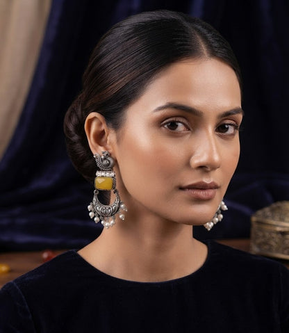 Premium Oxidized Silver Peacock-Inspired Mustard Yellow Stone Earrings