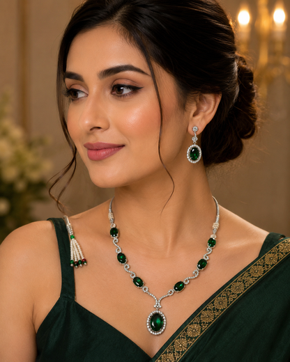 Elegant Emerald Green Pendant Necklace & Earring Set