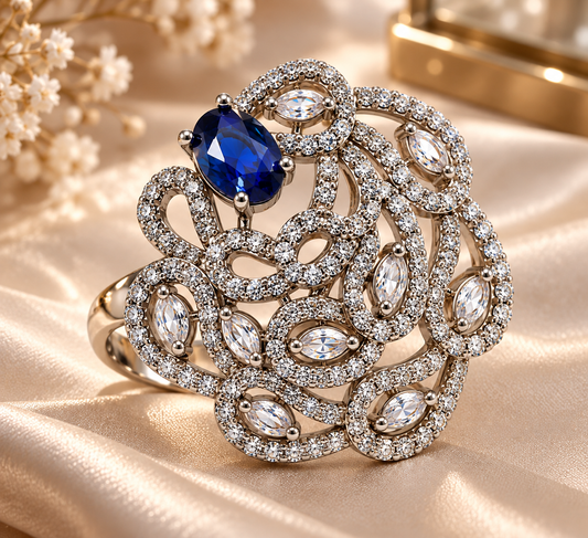 Premium Silver-Toned Blue Stone Statement Ring