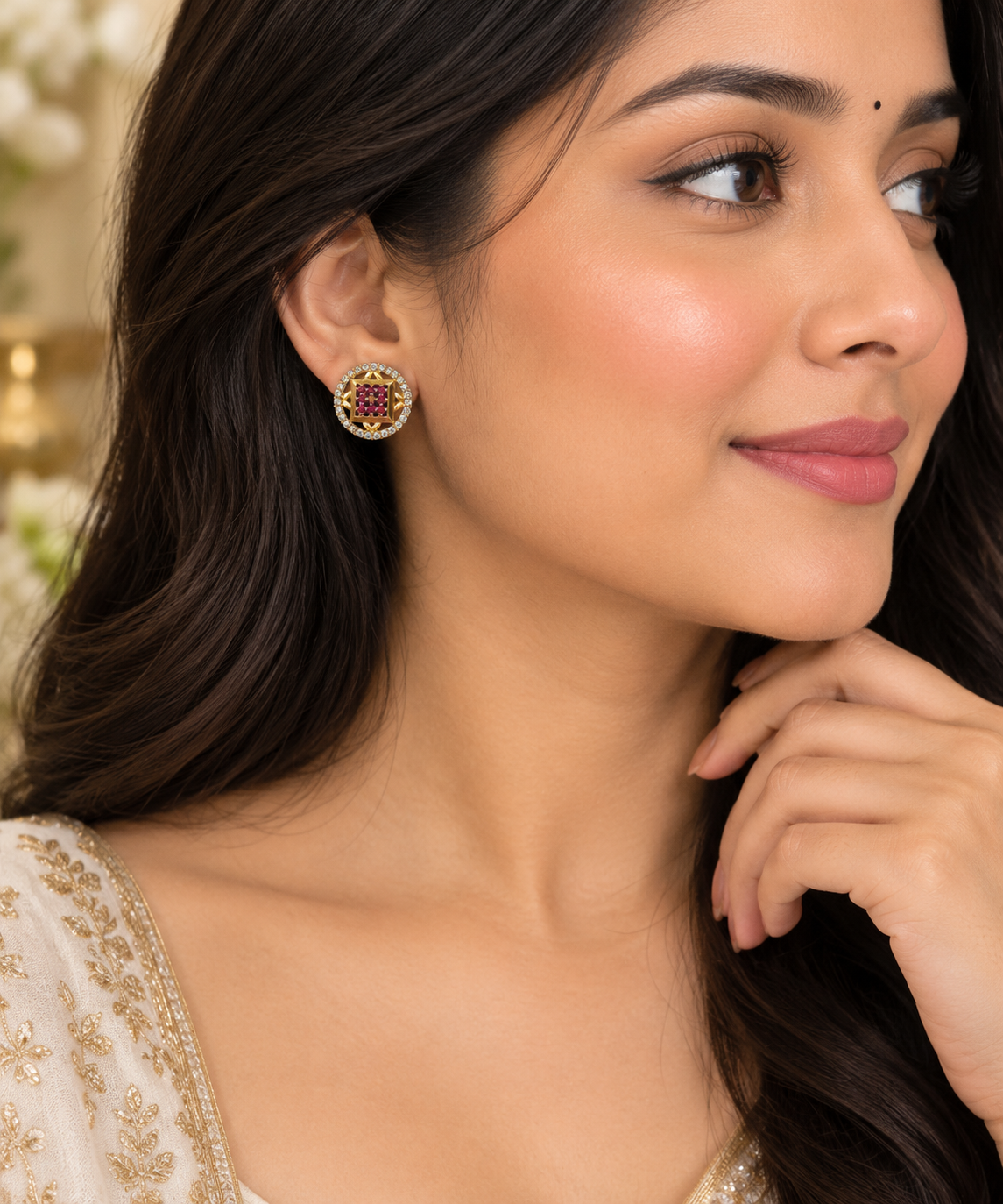Gold-Toned Geometric Ruby Stud Earrings