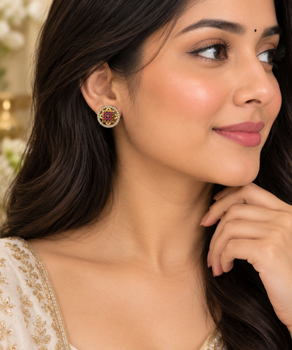 Gold-Toned Geometric Ruby Stud Earrings