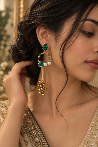 Premium Gold-Toned Emerald Green Stone Hoop Chain Earrings