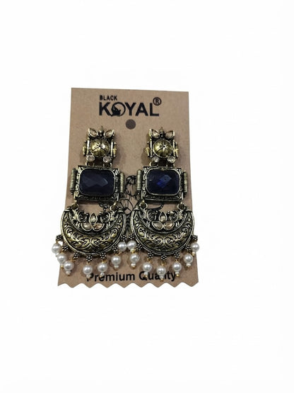 Premium Blue Crystal Antique Gold Chandbali Earrings
