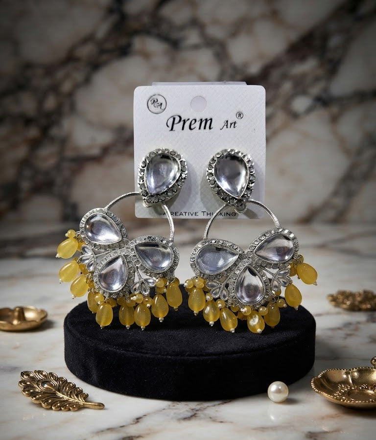 Premium Silver-Toned Pearl Finish & Yellow Beaded Statement Chandelier Earrings