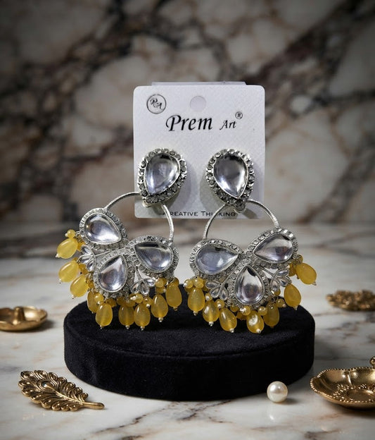 Premium Silver-Toned Pearl Finish & Yellow Beaded Statement Chandelier Earrings