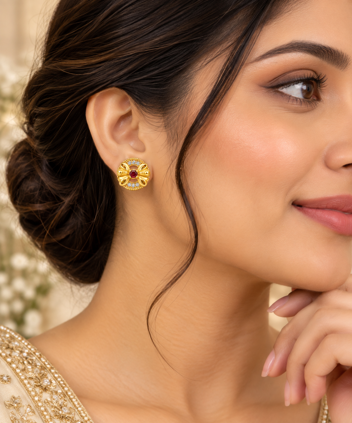 Gold-Toned Floral Ruby Stud Earrings