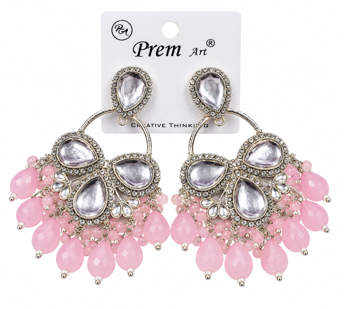 Premium Silver-Toned Pink Crystal & Pearl Chandelier Earrings