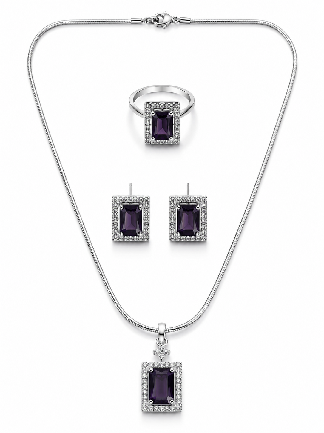 Amethyst Purple Silver-Toned Pendant Set