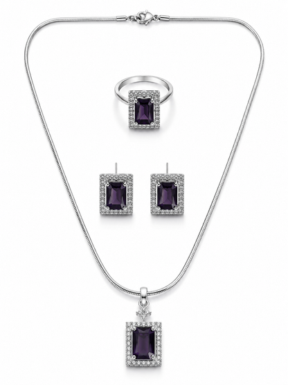 Amethyst Purple Silver-Toned Pendant Set