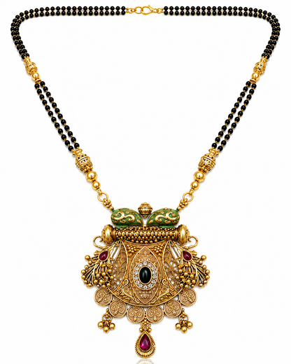 Antique Gold-Toned Multicolor Black Beaded Mangalsutra