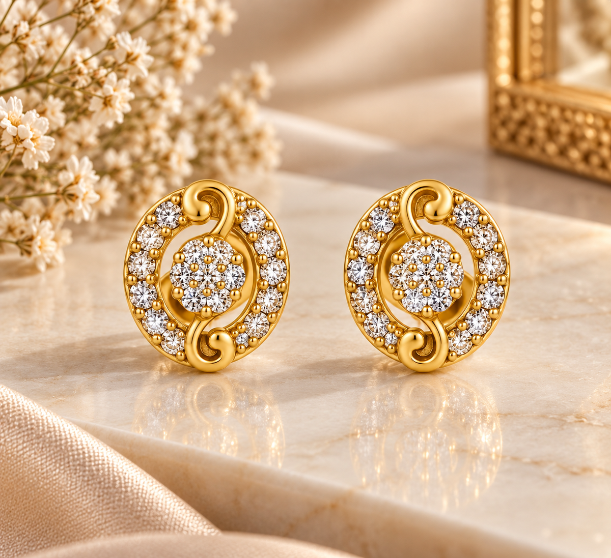 Gold-Toned Oval Crystal Stud Earrings