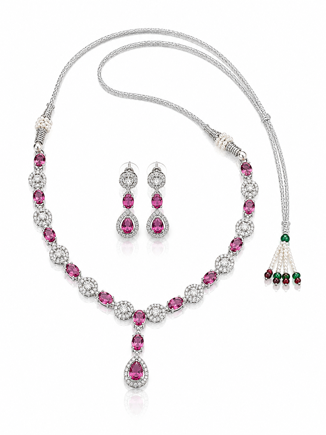 Silver-Toned Ruby-Pink Statement Necklace & Earring Set