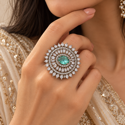 Premium Silver-Toned Aqua Stone Statement Ring