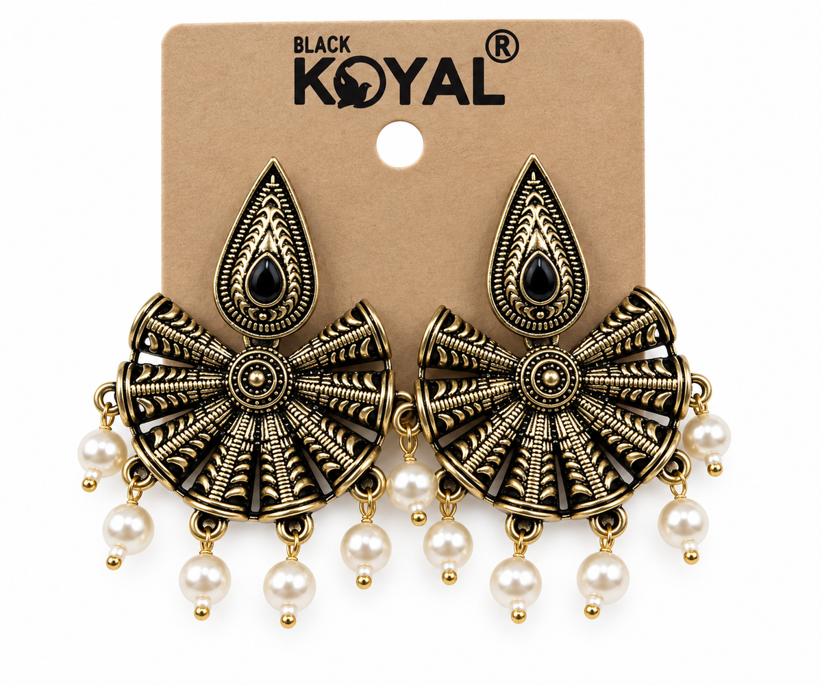 Premium Black & Gold Oxidised Pearl Drop Earrings