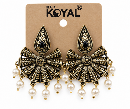 Premium Black & Gold Oxidised Pearl Drop Earrings