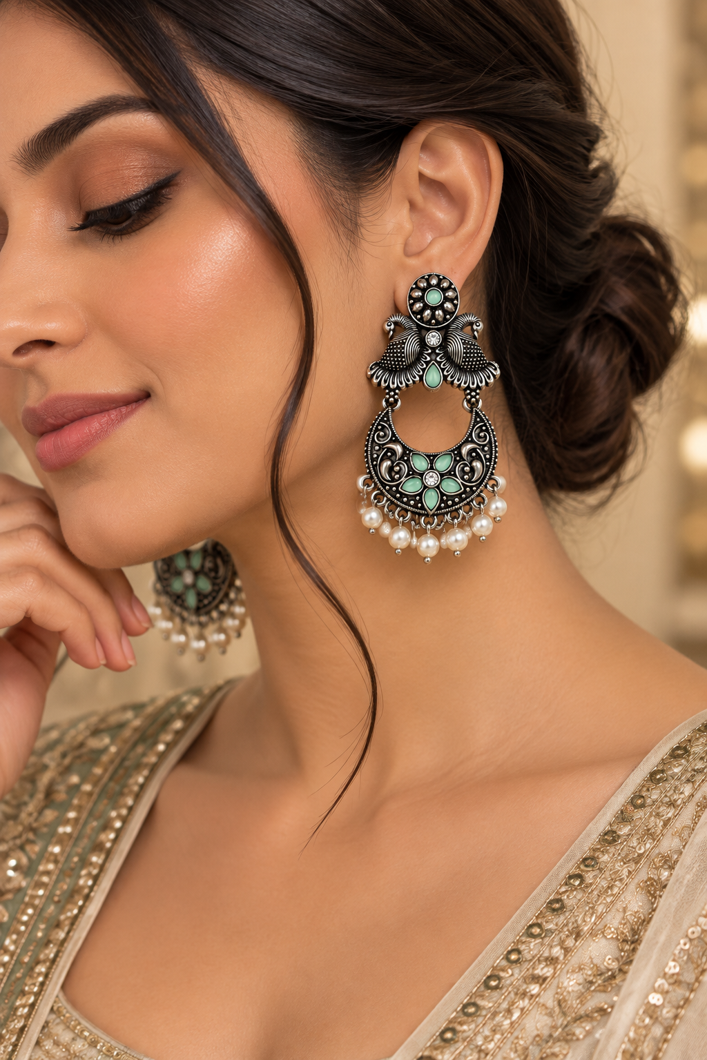 Premium Antique Silver-Toned Mint Green Peacock Chandbali Earrings