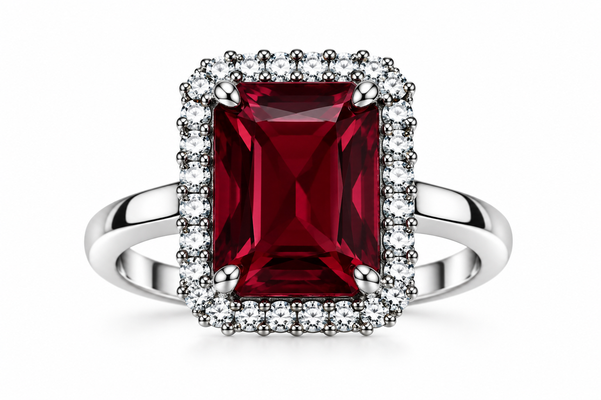 Burgundy Rectangular Halo Statement Ring
