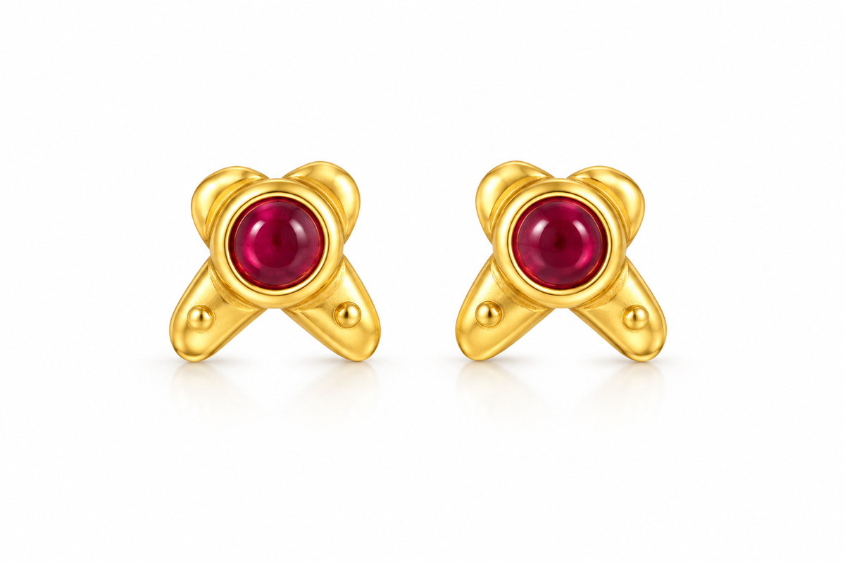 Gold-Toned Ruby Geometric Stud Earrings