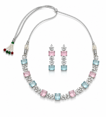 Silver-Toned Multicolor Pastel Stone Necklace & Earring Set