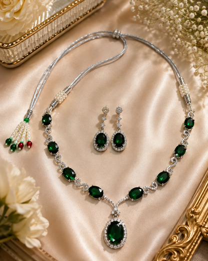 Elegant Emerald Green Pendant Necklace & Earring Set