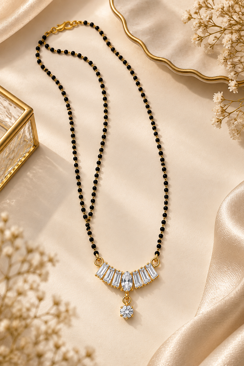 Premium Black Beaded Mangalsutra with Crystal Fan Pendant