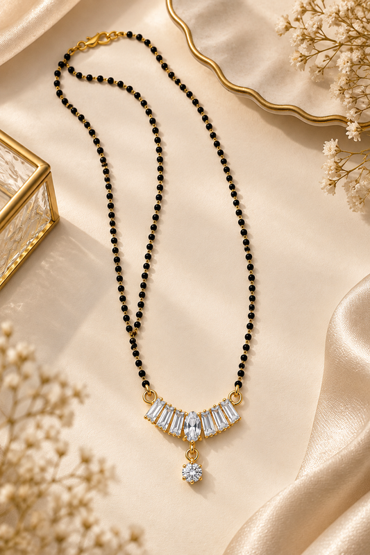Premium Black Beaded Mangalsutra with Crystal Fan Pendant