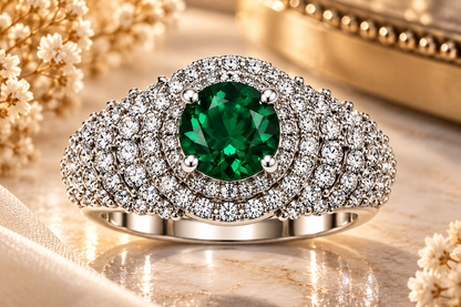 Emerald Green Round Halo Statement Ring