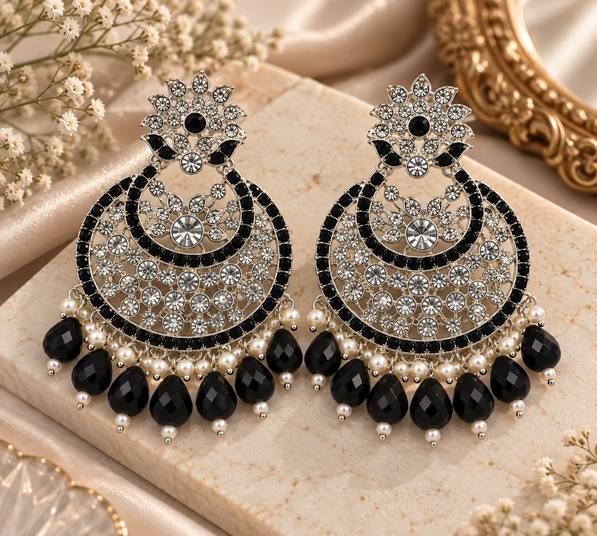 Premium Silver-Toned Black Stone Crystal Chandelier Earrings