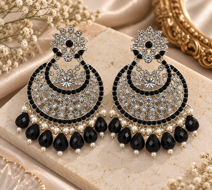 Premium Silver-Toned Black Stone Crystal Chandelier Earrings