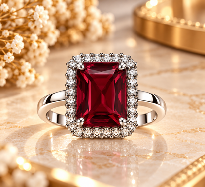 Burgundy Rectangular Halo Statement Ring
