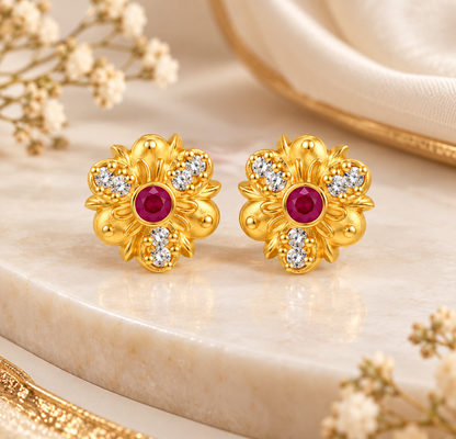Gold-Toned Floral Ruby Stud Earrings