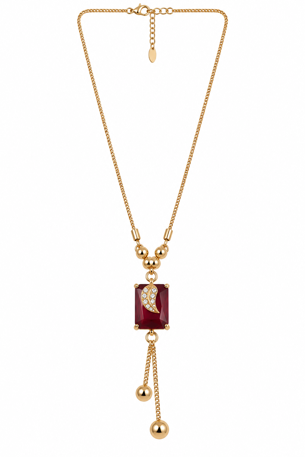 Gold-Toned Deep Red Stone Pendant Necklace