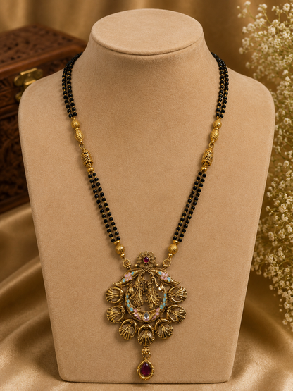 Antique Gold-Toned Peacock-Inspired Black Beaded Mangalsutra