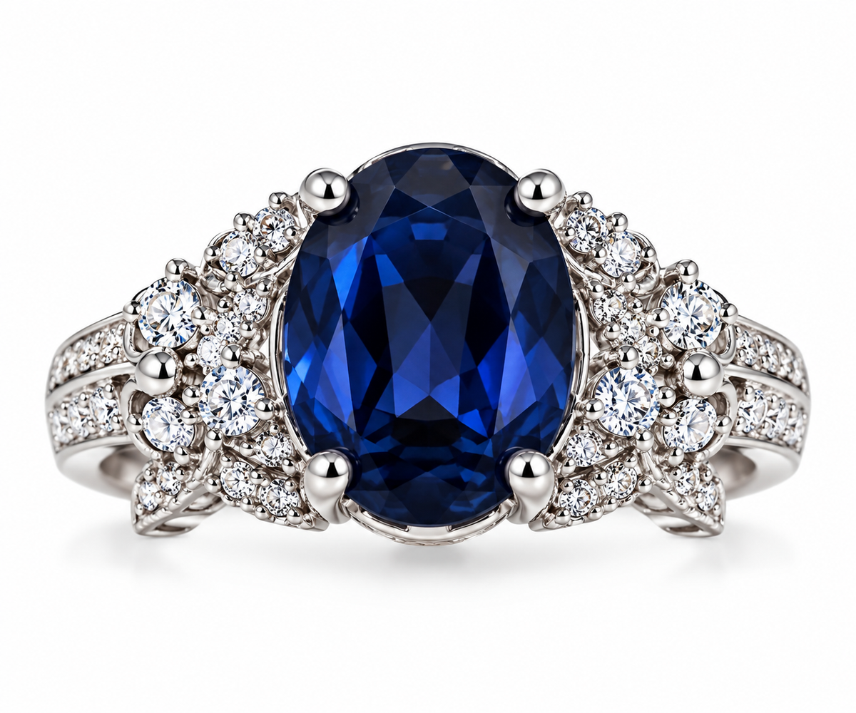 Sapphire Blue Floral Halo Statement Ring